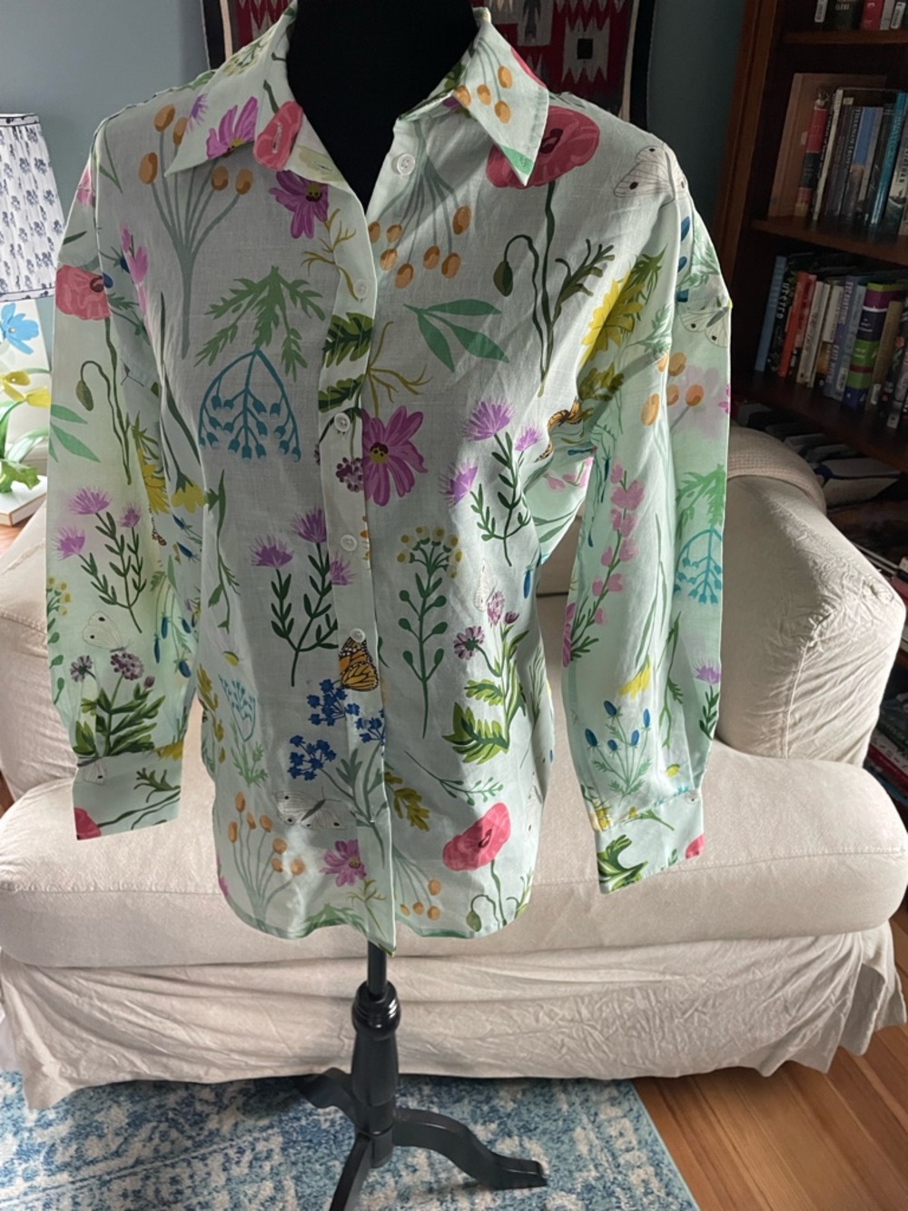Lesley Evers Cotton Linen Butterfly Meadow Blouse NWOT SZ M